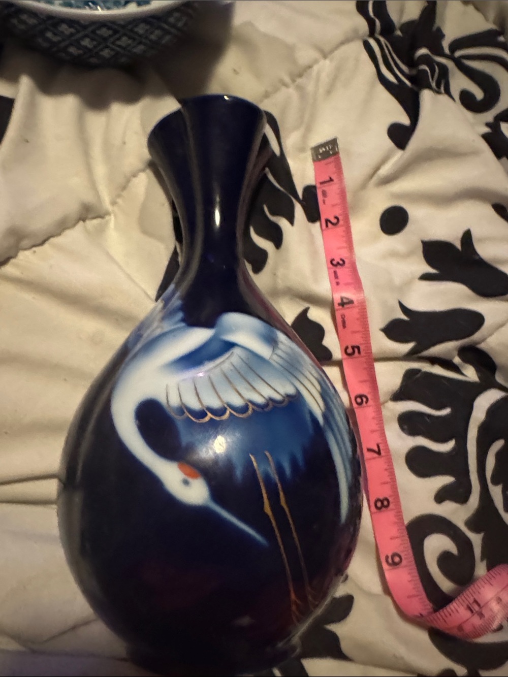 Deep Blue Ceramic Crane Vase with Gold Accents